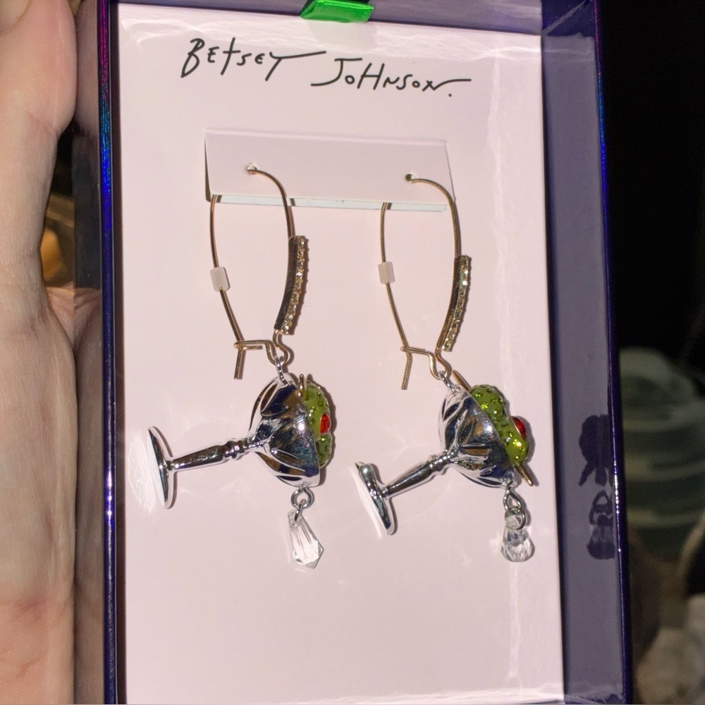 BETSEY JOHNSON Party Santa Baby Martini & Olive Cocktail Glass Earrings NEW NWT